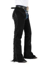 Raven Black Suede Western Show Chaps with Full-Length Fringe Side View