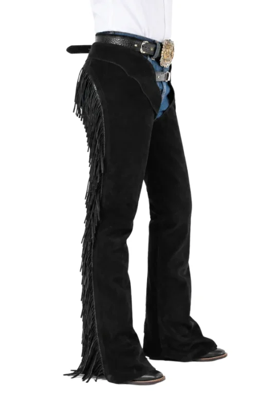 Raven Black Suede Western Show Chaps with Full-Length Fringe Side View