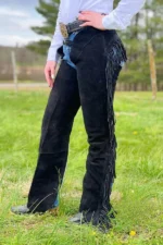 Raven Black Suede Western Show Chaps with Full-Length Fringe Worn View