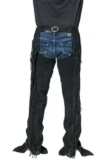 Raven Black Suede Western Show Chaps with Full-Length Fringe Worn Back View