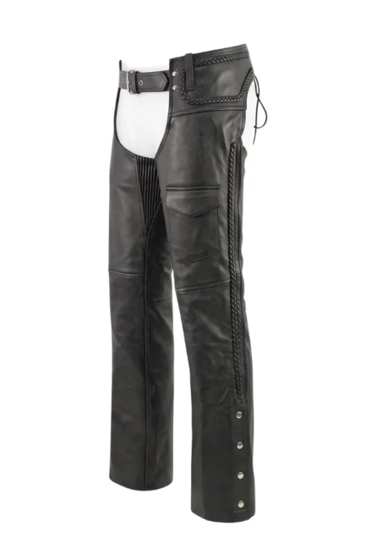Road Rider Black Leather Motorcycle Chaps Side View