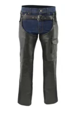 Road Rider Black Leather Motorcycle Chaps Worn View