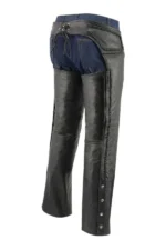 Road Rider Black Leather Motorcycle Chaps Worn Side View