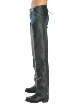 Roadbound Black Leather Motorcycle Chaps for Men Worn Side View
