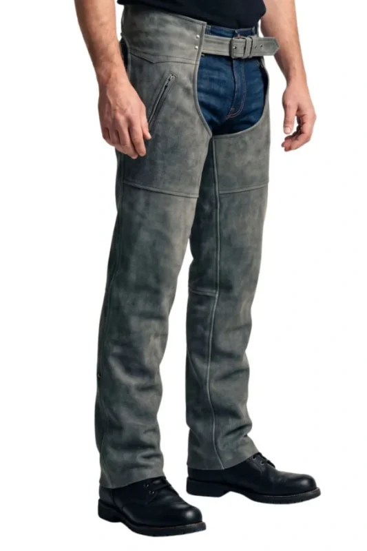 Roadworn Gray Leather Motorcycle Chaps Details View