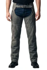 Roadworn Gray Leather Motorcycle Chaps Worn View