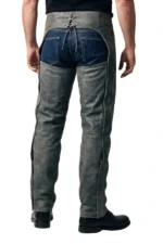 Roadworn Gray Leather Motorcycle Chaps Worn Back View
