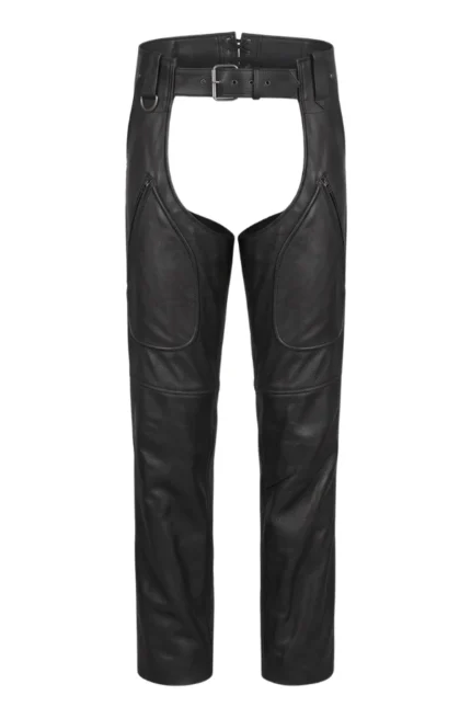 Rugged D-Ring Black Leather Motorcycle Chaps for Men