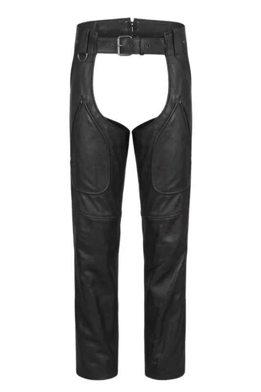 Rugged D-Ring Black Leather Motorcycle Chaps for Men