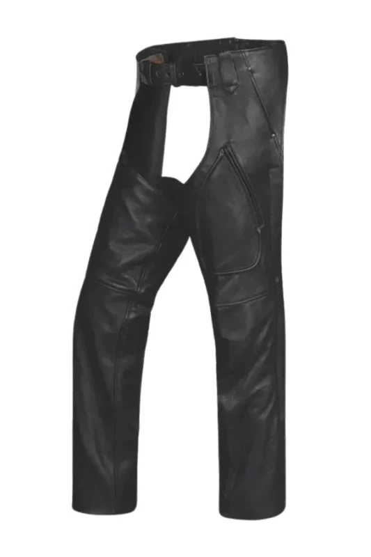 Rugged D-Ring Black Leather Motorcycle Chaps for Men Details View