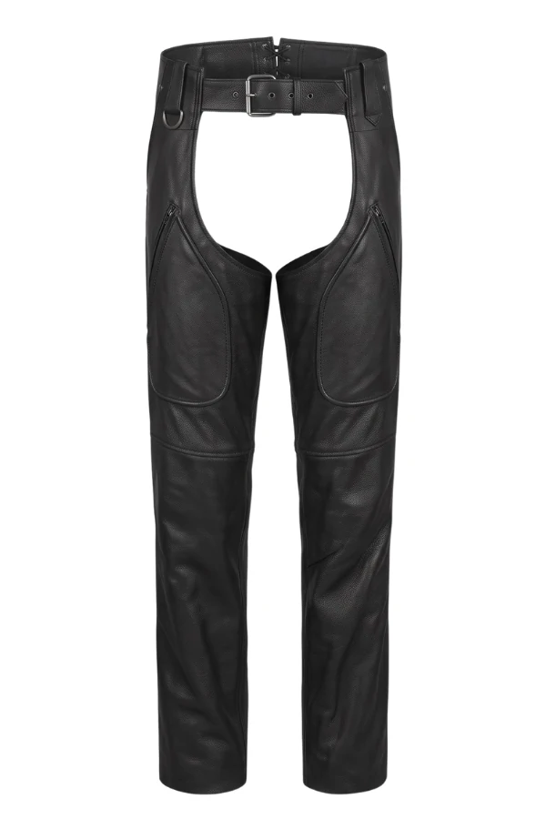 rugged-d-ring-black-leather-motorcycle-chaps Rugged D-Ring Black Leather Motorcycle Chaps for Men