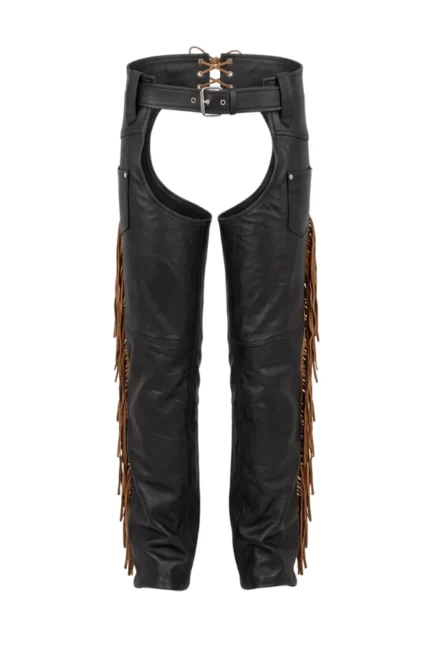 Rugged Trail Black Leather Chaps with Brown Fringe