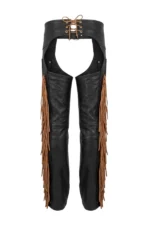 Rugged Trail Black Leather Chaps with Brown Fringe Back View