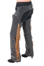 Rugged Trail Black Leather Chaps with Brown Fringe Detail