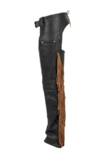 Rugged Trail Black Leather Chaps with Brown Fringe Side View