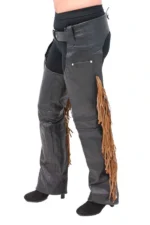 Rugged Trail Black Leather Chaps with Brown Fringe Worn by Male Rider