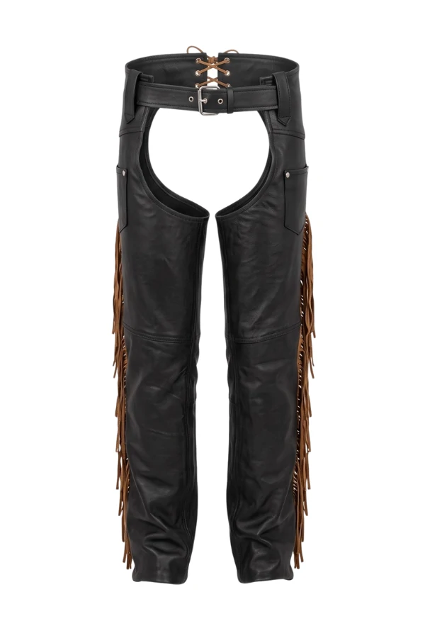 rugged-trail-black-leather-chaps-brown-fringe Rugged Trail Black Leather Chaps with Brown Fringe