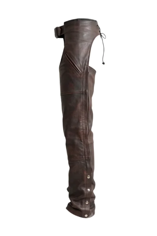Rugged Trail Brown Leather Motorcycle Chaps Side View