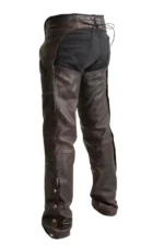 Rugged Trail Brown Leather Motorcycle Chaps Worn Back View