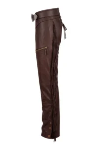 Rust Horizon Big & Tall Fringe Leather Motorcycle Chaps Fringe Detail