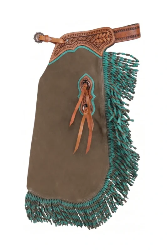 Sagebrush Turquoise Youth Western Chaps with Tooled Leather Yoke