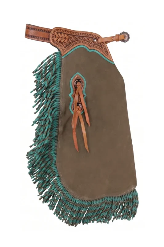 Turquoise Youth Western Chaps with Braided Fringe Side View