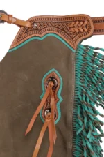 Youth Western Chaps with Tooled Leather Yoke and Turquoise Fringe