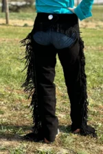 Shadow Black Fringe Western Show Chaps with Curved Yoke Worn Back View