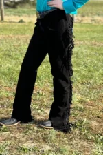 Shadow Black Fringe Western Show Chaps with Curved Yoke Worn Side View