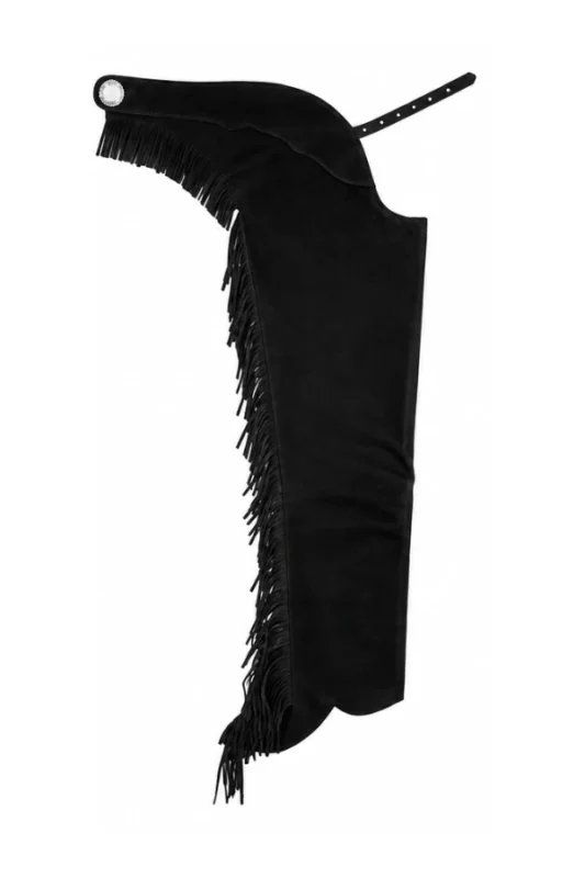 Shadow Black Fringe Western Show Chaps with Curved Yoke Side View