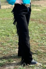 Shadow Black Fringe Western Show Chaps with Curved Yoke Worn View