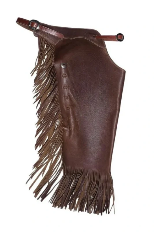 Shadow Creek Dark Brown Leather Chink Chaps with Fringe Side View