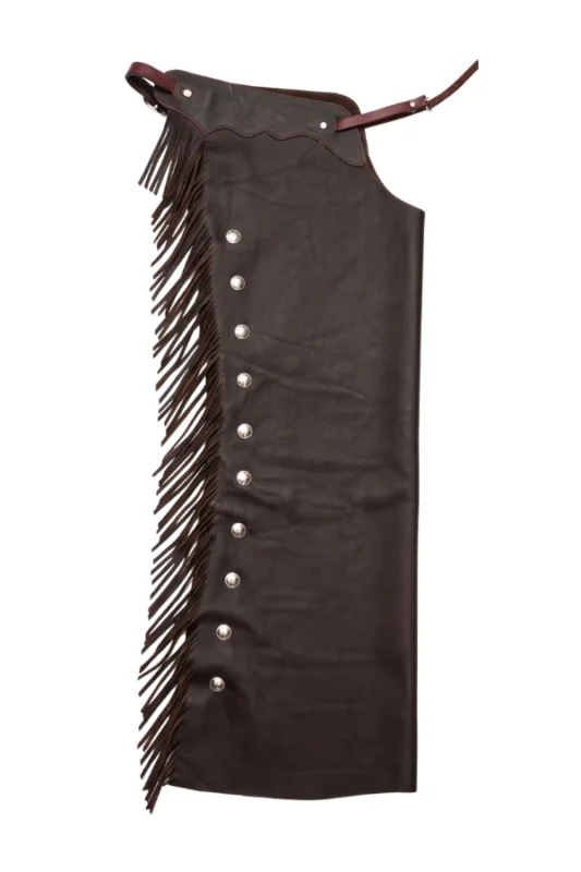 Shadow Creek Leather Shotgun Chaps with Long Brown Fringe Side View