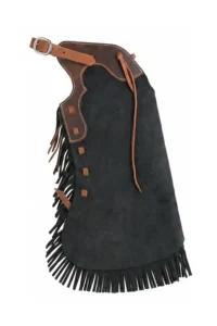 Shadow Creek Black Youth Western Chaps with Brown Leather Trim Side View