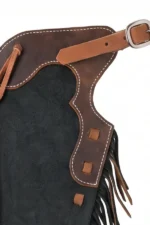 Shadow Creek Black Youth Western Chaps with Brown Leather Trim Yoke View