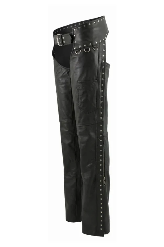 Shadowline Stud Women's Black Leather Motorcycle Riding Chaps Side View