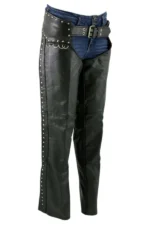 Shadowline Stud Women's Black Leather Motorcycle Riding Chaps Worn View