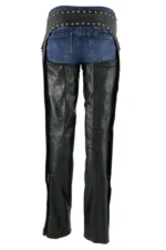 Shadowline Stud Women's Black Leather Motorcycle Riding Chaps Worn Back View