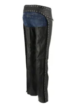 Shadowline Stud Women's Black Leather Motorcycle Riding Chaps Worn Side View
