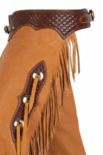 Sierra Heritage Leather Chink Chaps with Basketweave Yoke and Fringe Details View