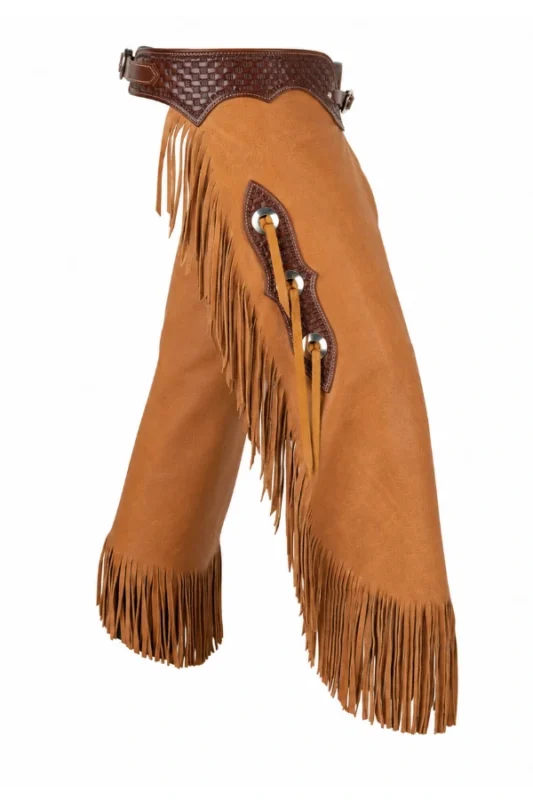 Sierra Heritage Leather Chink Chaps with Basketweave Yoke and Fringe Side View