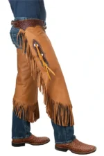 Sierra Heritage Leather Chink Chaps with Basketweave Yoke and Fringe Worn View