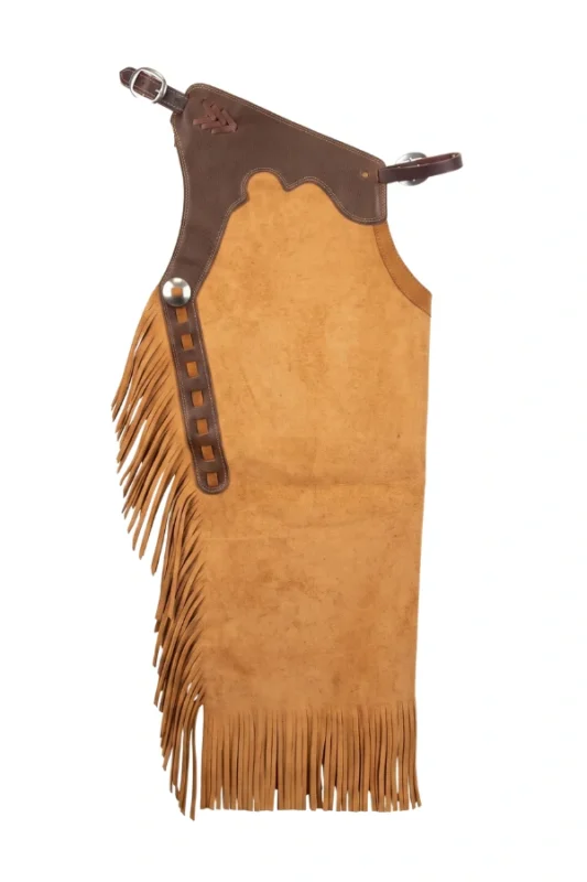 Sierra Outrider Suede Chink Chaps with Contrast Leather Yoke and Fringe Side View
