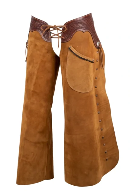 Sierra Tan Suede Batwing Chaps with Tooled Leather Yoke and Stud Accents