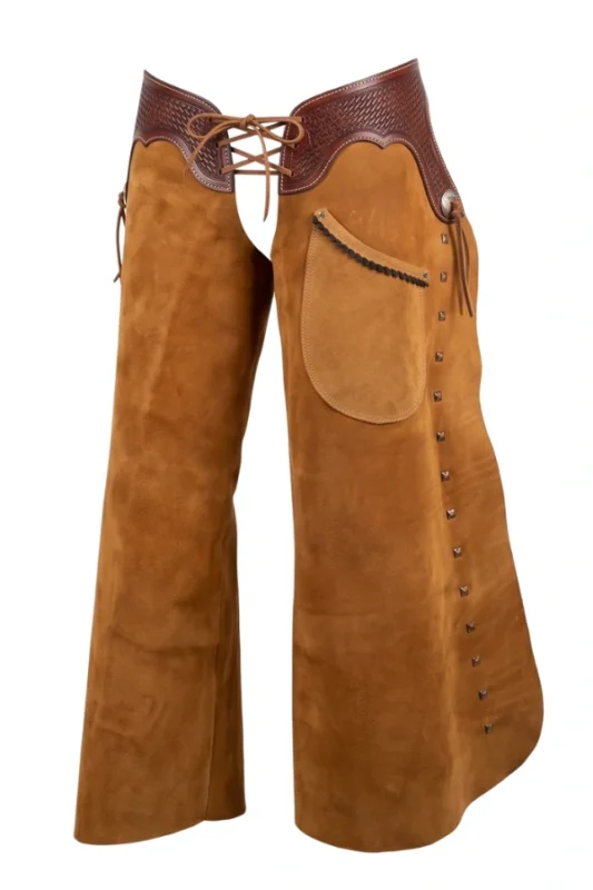 Sierra Tan Suede Batwing Chaps with Tooled Leather Yoke and Stud Accents