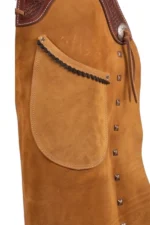 Sierra Tan Suede Batwing Chaps with Tooled Leather Yoke and Stud Accents Pocket View