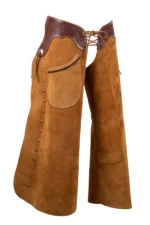 Sierra Tan Suede Batwing Chaps with Tooled Leather Yoke and Stud Accents Side View