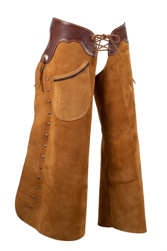 Sierra Tan Suede Batwing Chaps with Tooled Leather Yoke and Stud Accents Side View