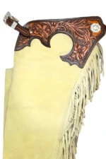 Sierra Tan Suede Western Show Chaps with Tooled Yoke Details View