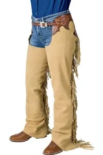 Sierra Tan Suede Western Show Chaps with Tooled Yoke Worn View
